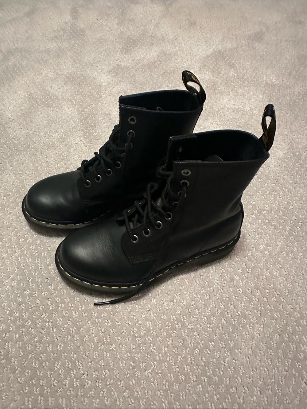 Dr. Martens Black Leather Lace-Up Boots with Yellow Welt Stitching